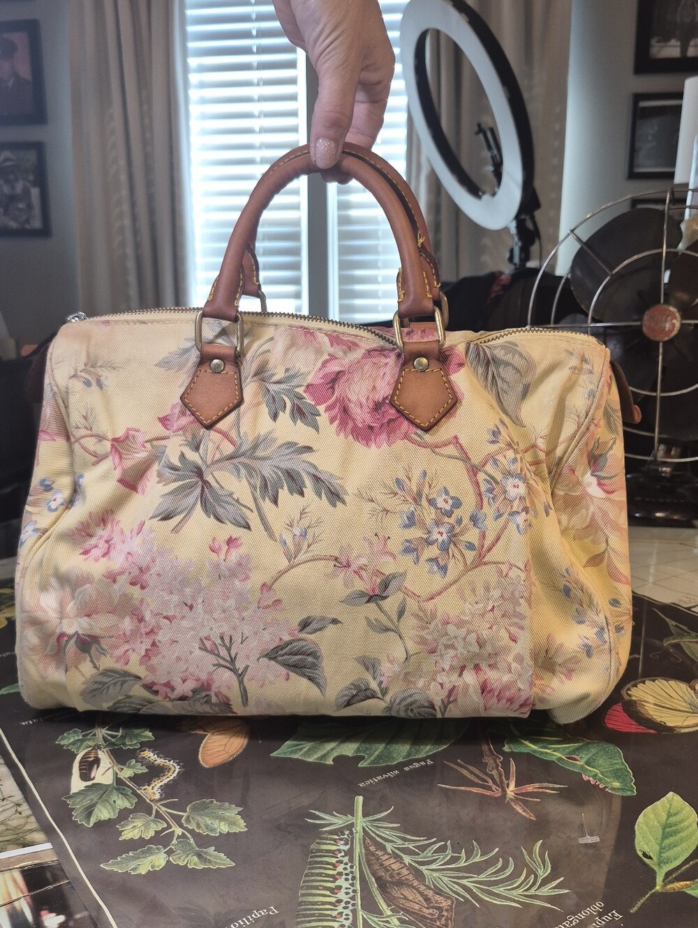 VINTAGE Ralph Lauren Pink Floral Canvas Tote with Brown Leather Handles - Picture 5 of 15